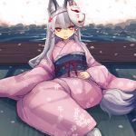  +_+ 1girl animal_ears blush concon-collector fox_ears fox_mask fox_tail grey_hair japanese_clothes kimono long_hair looking_at_viewer mask noconol parted_lips petals red_eyes sitting smile solo tail tatami teeth water 