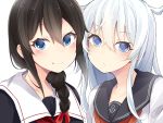  2girls anchor_symbol black_hair black_serafuku blue_eyes blush bow braid closed_mouth collarbone eyebrows eyebrows_visible_through_hair hair_between_eyes hair_bow hair_over_shoulder hibiki_(kantai_collection) highres kantai_collection long_hair looking_at_viewer makiya_1919 multiple_girls red_bow school_uniform serafuku shigure_(kantai_collection) shirt sidelocks simple_background single_braid smile upper_body uppercut white_background white_shirt 