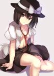  1girl arm_support black_hat blouse bow breasts brown_eyes brown_hair brown_skirt collarbone grey_background hair_between_eyes hat hat_bow hat_ribbon janne_cherry looking_at_viewer medium_breasts navel necktie no_bra open_blouse open_clothes parted_lips red_necktie ribbon short_sleeves simple_background sitting skirt solo touhou usami_renko white_blouse white_ribbon 