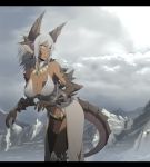  1girl bare_shoulders breasts cleavage clouds cloudy_sky danzilla dark_skin detached_collar grey_hair large_breasts leaning_forward looking_to_the_side monster_girl mountain parted_lips scales sky solo tail thigh-highs yellow_eyes 