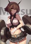  1girl :o bare_shoulders breasts brown_hair character_name collar contrapposto cowboy_shot gloves headgear kantai_collection large_breasts looking_at_viewer machinery midriff miniskirt mutsu_(kantai_collection) pleated_skirt short_hair skirt solo wet wet_clothes white_gloves x2 yellow_eyes 