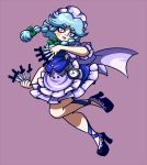  1girl blush_stickers braid full_body grey_hair izayoi_sakuya knife maid parted_lips peachems_(gemu) pocket_watch purple_background red_eyes solo stance touhou twin_braids watch 