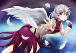  1girl absurdres bare_legs bow bowtie braid breasts cowboy_shot dress feathered_wings feathers finger_to_mouth french_braid highres jacket kishin_sagume long_sleeves looking_at_viewer mk_(mako114514) purple_dress reaching_out red_bow red_bowtie red_eyes short_dress short_hair silver_hair single_wing solo touhou white_hair wings 