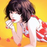  1girl bangs bare_shoulders black_eyes black_hair elbow_rest face food fruit ilya_kuvshinov lips lipstick looking_at_viewer lying makeup on_stomach original red_lipstick shirt short_hair simple_background sleeveless sleeveless_shirt solo strawberry upper_body yellow_background 