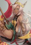  1girl animal_ears arm_support backless_outfit black_gloves breasts cat_ears dark_skin eyebrows eyebrows_visible_through_hair gloves granblue_fantasy green_eyes grey_hair hair_ornament hair_over_one_eye long_hair looking_at_viewer nemone opanchu_(pixiv259683) open_mouth sarong sideboob simple_background sitting small_breasts solo thighs 