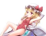  1girl alternate_color_school_swimsuit alternate_costume arm_behind_head armpits bare_legs bare_shoulders beach_chair blonde_hair breasts collarbone deck_chair flandre_scarlet food hair_between_eyes hat ice_cream knee_up looking_at_viewer lying minust mob_cap on_back one-piece_swimsuit reclining red_eyes red_swimsuit school_swimsuit side_ponytail simple_background small_breasts solo swimsuit thighs touhou wavy_hair 