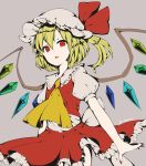  1girl ascot bat_wings blonde_hair bow collar commentary_request crystal egret flandre_scarlet frilled_collar frilled_skirt frills hat hat_bow hat_ribbon highres mob_cap open_mouth puffy_short_sleeves puffy_sleeves red_eyes ribbon short_sleeves side_ponytail skirt skirt_set solo touhou wings 