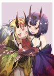  2girls alcohol blonde_hair bob_cut breasts closed_eyes eyebrows eyebrows_visible_through_hair facial_mark fate/grand_order fate_(series) grimjin highres ibaraki_douji_(fate/grand_order) japanese_clothes kimono long_hair multiple_girls oni oni_horns purple_background purple_hair sakazuki sake short_hair shuten_douji_(fate/grand_order) simple_background small_breasts smile tattoo tears violet_eyes 