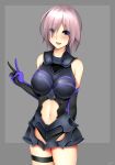  1girl :d breasts elbow_gloves fate/grand_order fate_(series) gloves grey_background highres large_breasts looking_at_viewer md5_mismatch navel open_mouth shielder_(fate/grand_order) short_hair silver_hair simple_background smile solo tony_guisado v violet_eyes 