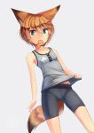  1girl aburaage animal_ears artist_name bike_shorts clothes_grab commentary_request dreadtie fang flat_chest food food_in_mouth fox_ears fox_tail green_eyes grey_background highres looking_at_viewer orange_hair original short_hair simple_background solo tail tank_top 