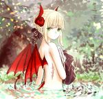 1girl ahoge blonde_hair commentary_request dragon_wings fate/stay_night fate_(series) green_eyes hair_ribbon horns nude ribbon saber scar slit_pupils solo tail wings 