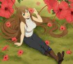  1girl :d absurdly_long_hair arm_support bare_shoulders belt boots capri_pants crossed_legs danzilla flower flower_request from_above grass green_eyes long_hair looking_at_viewer open_mouth pants sitting sleeveless sleeveless_turtleneck smile solo turtleneck very_long_hair 