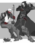  absurdres artist_request bow_(instrument) coat commentary_request dual_wielding erhu face_mask gloves highres hood hooded_jacket instrument jacket mask microphone overwatch reaper_(overwatch) scar short_hair sitting soldier:_76_(overwatch) trench_coat visor white_hair 