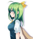  1girl ahoge ascot blue_eyes blush bow daiyousei fairy_wings from_side fujishiro_emyu green_hair hair_bow hair_ornament hairpin long_sleeves profile side_ponytail solo touhou wide_sleeves wings 