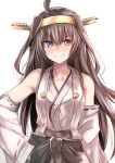  &gt;:) 1girl ahoge aiguillette bare_shoulders black_bow blue_eyes blush bow brown_hair closed_mouth collarbone cowboy_shot detached_sleeves eyebrows eyebrows_visible_through_hair hair_between_eyes hand_on_hip headgear japanese_clothes kantai_collection kimono kongou_(kantai_collection) long_hair long_sleeves looking_at_viewer nontraditional_miko red_ribbon ribbon ribbon-trimmed_sleeves ribbon_trim simple_background sleeveless sleeveless_kimono sleeves_past_wrists solo tai_(nazutai) very_long_hair white_background 