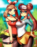  2girls asymmetrical_docking breast_press breasts brown_hair cleavage double_bun hair_bun haruka_(pokemon) haruka_(pokemon)_(remake) kenron_toqueen mei_(pokemon) multiple_girls nintendo pantyhose pokemon pokemon_(game) pokemon_bw2 pokemon_oras short_shorts shorts twintails visor_cap 