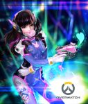  1girl armor artist_name bangs blunt_bangs bodysuit breasts brown_eyes brown_hair bubble_blowing bubblegum bunny_print charm_(object) contrapposto copyright_name cowboy_shot d.va_(overwatch) dated emblem eyelashes facepaint facial_mark gloves gum gun handgun headphones heart high_collar highres holding holding_gun holding_weapon korean legs_apart lips logo long_hair medium_breasts overwatch pauldrons pilot_suit pink_lips rabbit shoulder_pads skin_tight solo standing thigh_strap thumbs_up turtleneck weapon whisker_markings white_gloves 