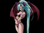  1girl aqua_hair armlet black_background breasts bright_pupils cleavage cowboy_shot crossed_arms delta_(words_worth) demon_wings facial_mark forehead_mark jewelry loincloth long_hair nail_polish official_art pointy_ears red_eyes ring simple_background solo very_long_hair wings words_worth 