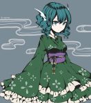  1girl animal_ears blue_eyes blue_hair commentary_request drill_hair egret floral_print frills head_fins highres japanese_clothes kimono long_sleeves mermaid monster_girl obi sash solo touhou wakasagihime wide_sleeves 