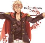  1boy belt blonde_hair blue_eyes cape character_name dark_skin final_fantasy final_fantasy_type-0 happy_birthday kino_(o2ban0) looking_at_viewer male_focus nine_(fft-0) pants polearm scar school_uniform simple_background smile solo spear weapon white_background white_pants 