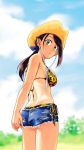  1girl bikini_top black_hair cowboy_hat from_behind green_eyes hat idolmaster idolmaster_cinderella_girls looking_at_viewer looking_back ponytail short_shorts shorts solo yamato_aki youhe_hino 