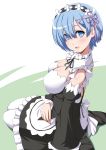  1girl absurdres apron blue_eyes blue_hair blush breasts detached_sleeves frills hair_ornament hair_over_one_eye hairband highres large_breasts looking_at_viewer looking_back maid nori_tamago open_mouth re:zero_kara_hajimeru_isekai_seikatsu rem_(re:zero) ribbon short_hair sitting solo white_legwear x_hair_ornament yokozuwari 