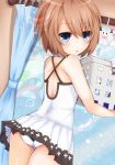  1girl blanc blue_eyes brown_hair from_behind haru_blanc0316 highres looking_at_viewer neptune_(series) panties ram_(choujigen_game_neptune) rom_(choujigen_game_neptune) short_hair solo teruterubouzu underwear upskirt window 