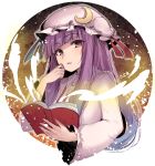 1girl artist_name asa_(coco) blush book crescent crescent_hair_ornament dress eyebrows eyebrows_visible_through_hair hair_ornament hand_on_own_chin hat long_hair long_sleeves looking_at_viewer mob_cap open_book patchouli_knowledge purple_hair solo striped striped_dress touhou upper_body violet_eyes wide_sleeves 