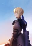  1girl ahoge armor armored_dress blonde_hair commentary_request excalibur fate/stay_night fate_(series) gauntlets green_eyes hair_ribbon profile ribbon saber short_hair shun_(nikoru555) solo sword weapon 