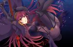  1girl bodysuit breasts covered_navel covered_nipples fate/grand_order fate_(series) gae_bolg large_breasts long_hair parted_lips polearm purple_hair red_eyes scathach_(fate/grand_order) solo spear terai_arina veil weapon 