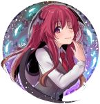  1girl ;) artist_name asa_(coco) blush demon_girl eyebrows eyebrows_visible_through_hair fang fang_out head_wings koakuma long_hair long_sleeves looking_at_viewer necktie one_eye_closed red_eyes redhead signature smile solo touhou upper_body vest wings 