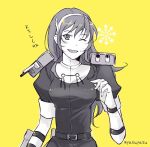  1girl ashigara_(kantai_collection) bangs commentary_request dress fang gloves greyscale hairband high_collar kantai_collection long_hair looking_at_viewer monochrome one_eye_closed open_mouth sketch smile solo star suetake_(kinrui) translated turret twitter_username yellow_background 