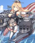 1girl aircraft airplane american_flag blonde_hair blue_eyes breasts elbow_gloves fingerless_gloves front-tie_top garter_straps gloves grin highres iowa_(kantai_collection) kantai_collection large_breasts machinery miniskirt nanashina one_eye_closed skirt smile solo star star-shaped_pupils striped striped_legwear symbol-shaped_pupils thigh-highs vertical-striped_legwear vertical_stripes 