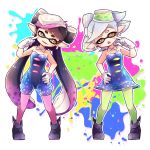  +_+ 2girls ankle_boots aori_(splatoon) black_boots black_dress black_hair blush boots brown_eyes detached_collar domino_mask dress earrings fang female full_body gloves green_legwear grey_hair hand_on_hip highres hotaru_(splatoon) jewelry long_hair looking_at_another looking_at_viewer mask mole mole_under_eye multiple_girls object_on_head open_mouth paint_splatter pantyhose pointy_ears pose purple_legwear short_dress short_hair short_jumpsuit smile splatoon standing strapless strapless_dress tentacle_hair yuirinex 