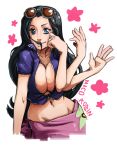  1girl black_hair blue_eyes breasts cleavage extra_arms hair_in_mouth large_breasts midriff navel nico_robin no_bra one_piece sarong smile solo sunglasses sunglasses_on_head waving whistle_frog 