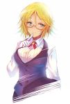  1girl bespectacled blonde_hair glasses green_eyes idolmaster idolmaster_cinderella_girls kara_(color) short_hair simple_background smile solo umeki_otoha 