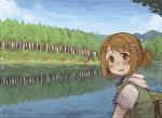  1girl 7010 backpack bag blush brown_eyes brown_hair clouds flower forest hair_bobbles hair_flower hair_ornament idolmaster idolmaster_cinderella_girls lake looking_at_viewer mimura_kanako nature open_mouth ponytail short_hair short_ponytail short_sleeves sky smile solo 