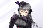  1girl bird bird_on_hand breasts gloves gothic_lolita hair_down hat i.f.s.f idolmaster idolmaster_cinderella_girls idolmaster_cinderella_girls_starlight_stage kanzaki_ranko lolita_fashion long_hair looking_at_viewer mini_hat red_eyes silver_hair solo twitter_username upper_body 