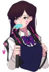  1girl backpack bag black_sweater bow bowtie brown_hair charm_(object) collared_shirt d.va_(overwatch) facepaint facial_mark food headphones headphones_around_neck ice_cream long_hair long_sleeves mouth_hold mwo_imma_hwag overwatch popsicle purple_bow purple_bowtie ribbed_sweater school_bag school_uniform shirt simple_background solo striped striped_bow striped_bowtie sweater upper_body whisker_markings white_background white_shirt 