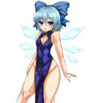 1girl alternate_costume bare_shoulders blue_eyes blue_hair bow china_dress chinese_clothes cirno cleavage_cutout dress hair_bow hips ice ice_wings n_(dai_n_honpo) no_panties pelvic_curtain sleeveless solo thighs touhou wings