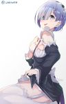  1girl :p blue_hair breasts hair_ornament highres maid maid_headdress re:zero_kara_hajimeru_isekai_seikatsu rem_(re:zero) shiny shiny_skin shirousa short_hair simple_background skirt skirt_lift solo tongue tongue_out twitter_username white_background x_hair_ornament 