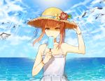  1girl animal bird blonde_hair blue_sky bracelet clouds dress flower hair_ornament hairclip hat horizon jewelry limobok long_hair looking_at_viewer ocean original outdoors popsicle seagull sky solo straw_hat tongue tongue_out yellow_eyes 