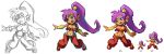  1girl bandeau blue_eyes breasts cleavage dark_skin earrings harem_outfit harem_pants jewelry long_hair navel open_mouth outstretched_arms pants pixel_art pointy_ears ponytail purple_hair shantae shantae_(character) shoes sketch smile solo tak_(takumi_fortitude) tiara vambraces very_long_hair 