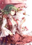  1girl bird breasts cleavage flower green_hair highres hummingbird kazami_yuuka medium_breasts open_clothes open_shirt parasol plaid plaid_vest red_eyes shirt short_hair skirt skirt_set smas solo touhou umbrella 