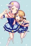  2girls blue_eyes boots brown_eyes brown_hair forever_star_(idolmaster) hair_ornament idolmaster idolmaster_million_live! looking_at_viewer makabe_mizuki mimizubare multiple_girls open_mouth purple_hair short_hair smile star_hair_ornament suou_momoko v yellow_eyes 