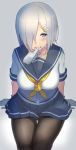 1girl arm_support arms_behind_back black_legwear blue_eyes blush breasts disembodied_limb finger_in_another&#039;s_mouth gloves grey_background hair_ornament hair_over_one_eye hairclip hamakaze_(kantai_collection) hand_on_another&#039;s_chin heart heart-shaped_pupils kantai_collection large_breasts looking_at_viewer neckerchief open_mouth pantyhose pleated_skirt saliva school_uniform serafuku short_hair short_sleeves silver_hair sitting skirt solo_focus sukebewe symbol-shaped_pupils tears white_gloves 