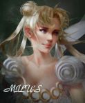  1girl artist_name bishoujo_senshi_sailor_moon blonde_hair blue_eyes crescent double_bun earrings eyelashes facial_mark faux_traditional_media forehead_mark hair_ornament hairclip jewelry lips looking_away milu pearl_earrings princess_serenity puffy_short_sleeves puffy_sleeves realistic short_sleeves solo stud_earrings tsukino_usagi twintails upper_body 