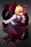  &gt;:d 1girl :d ascot black_skirt black_vest blonde_hair character_name collared_shirt commentary_request cross darkness glint hairband kokka_han leaning_forward long_sleeves looking_at_viewer monster open_mouth pink_eyes rumia shirt short_hair skirt skirt_set smile snake solo touhou white_shirt 