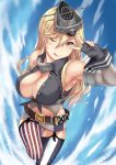  1girl american_flag american_flag_legwear bd blonde_hair breasts cleavage commentary_request elbow_gloves fingerless_gloves front-tie_top garter_straps gloves hair_between_eyes headgear highres iowa_(kantai_collection) kantai_collection large_breasts miniskirt mismatched_legwear skirt smile solo star star-shaped_pupils striped striped_legwear symbol-shaped_pupils vertical-striped_legwear vertical_stripes 