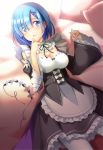  1girl benchen06 blue_eyes blue_hair breasts cleavage detached_sleeves hair_over_one_eye hairband_removed highres lying maid maid_headdress medium_breasts on_back pantyhose pillow re:zero_kara_hajimeru_isekai_seikatsu rem_(re:zero) short_hair solo underbust white_legwear wide_sleeves x_hair_ornament 